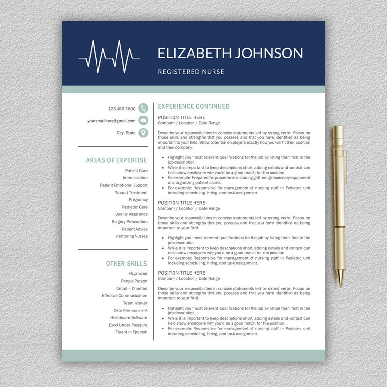 May include: A resume template for a registered nurse with a blue and white color scheme. The resume includes sections for experience, areas of expertise, and other skills. The text "ELIZABETH JOHNSON" is at the top of the resume.