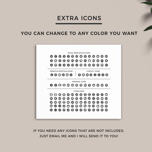 K&ouml;nnte beinhalten: Ein Schwarzwei&szlig;bild, das eine Vielzahl von Social-Media-, Website- und pers&ouml;nlichen Symbolen zeigt. Der Text "EXTRA ICONS" befindet sich oben im Bild. Der Text "YOU CAN CHANGE TO ANY COLOR YOU WANT" befindet sich unter dem Titel. Die Texte "SOCIAL MEDIA & BLOG ICONS", "WEBSITE & PORTFOLIO ICONS", "CONTACT ICONS", "PERSONAL ICONS" und "OTHER ICONS" befinden sich im Bild. Der Text "IF YOU NEED ANY ICONS THAT ARE NOT INCLUDED, JUST EMAIL ME AND I WILL SEND IT TO YOU!" befindet sich unten im Bild.