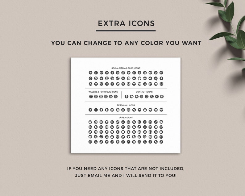 K&ouml;nnte beinhalten: Ein Schwarzwei&szlig;bild, das eine Vielzahl von Social-Media-, Website- und pers&ouml;nlichen Symbolen zeigt. Der Text "EXTRA ICONS" befindet sich oben im Bild. Der Text "YOU CAN CHANGE TO ANY COLOR YOU WANT" befindet sich unter dem Titel. Die Texte "SOCIAL MEDIA & BLOG ICONS", "WEBSITE & PORTFOLIO ICONS", "CONTACT ICONS", "PERSONAL ICONS" und "OTHER ICONS" befinden sich im Bild. Der Text "IF YOU NEED ANY ICONS THAT ARE NOT INCLUDED, JUST EMAIL ME AND I WILL SEND IT TO YOU!" befindet sich unten im Bild.