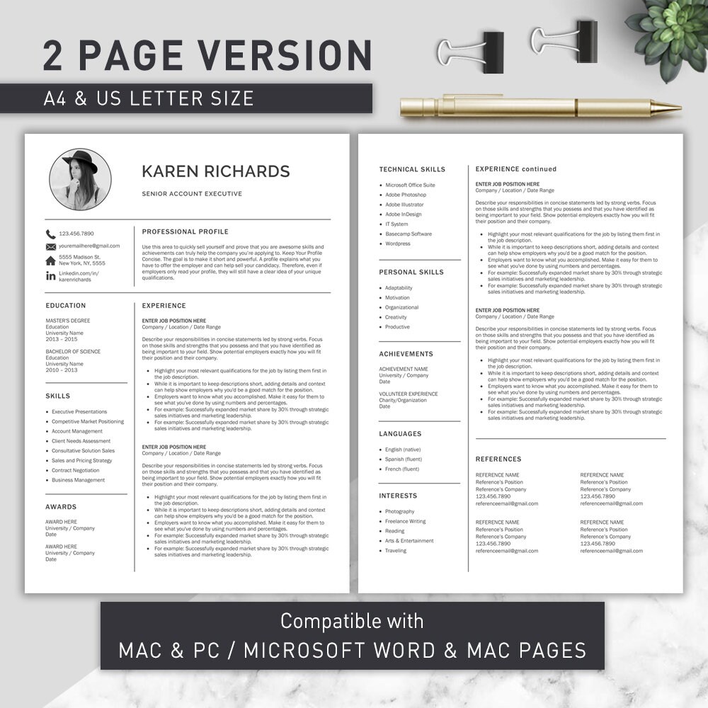 Professional Resume Template for Word & Pages | Executive Resume Template |  Manager Resume Template | CV Template, Lebenslauf Vorlage - Etsy