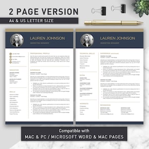 May include: A two-page resume template featuring a dark blue header with the name Lauren Johnson, a professional profile, experience, education, and skills sections. The document includes a gold accent bar and is compatible with Mac and PC.
