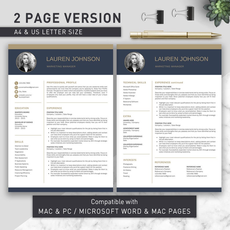 May include: A two-page resume template featuring a dark blue header with the name Lauren Johnson, a professional profile, experience, education, and skills sections. The document includes a gold accent bar and is compatible with Mac and PC.