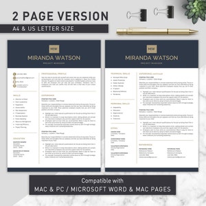 May include: A two-page resume template in dark blue and gold with the text "Miranda Watson, Project Manager" at the top of each page. The template includes sections for professional profile, skills, experience, education, technical skills, personal skills, extra, awards, volunteer experience, and references.