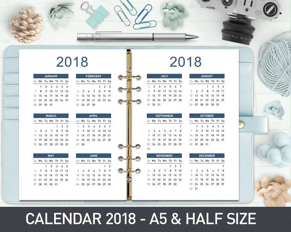 2018 yearly calendar a5 2018 printable calendar 2018 yearly etsy a5 printable calendar