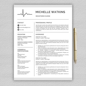 May include: A black and white resume template with a heart rate line graphic at the top. The resume is for a registered nurse named Michelle Watkins. The resume includes contact information, education, licenses and certifications, and experience.