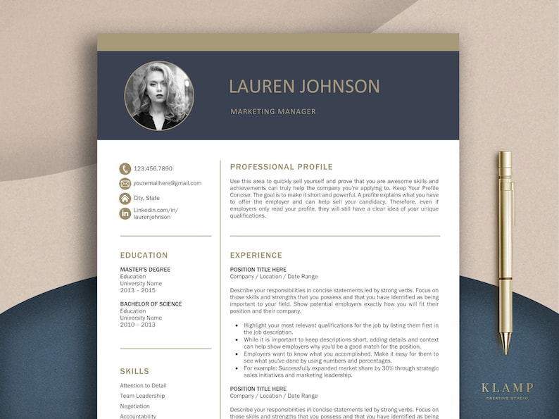 May include: A resume template featuring a dark blue header with a circular headshot, the name Lauren Johnson, and the title Marketing Manager. The document includes sections for professional profile, education, experience, and skills, accompanied by a gold pen.