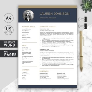 May include: A professional resume template featuring a dark blue header with a circular portrait, gold accents, and the name Lauren Johnson. The document includes sections for technical skills, experience, and references, formatted for Microsoft Word and Mac Pages.