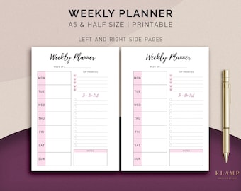 A5 Weekly Planner Printable, Weekly Planner Inserts, Weekly Organizer, Half Size Weekly Planner, Week Planner Page, Weekly To Do List