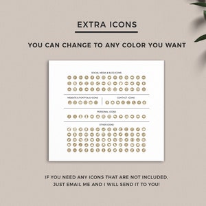 May include: A sheet of paper with a list of social media, website, contact, personal, and other icons. The icons are in a circle shape and are all the same color. The text on the page reads "Extra Icons" and "You can change to any color you want".