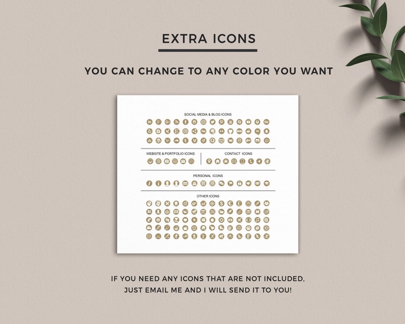 May include: A sheet of paper with a list of social media, website, contact, personal, and other icons. The icons are in a circle shape and are all the same color. The text on the page reads "Extra Icons" and "You can change to any color you want".