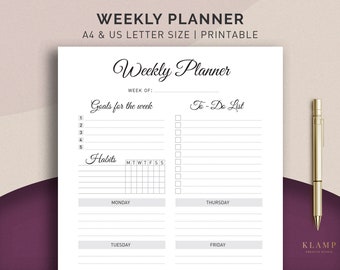 Printable Weekly Planner, Weekly Organizer, Weekly Schedule, Desk Planner, Weekly To Do List, Instant Download - A4 & Letter Size