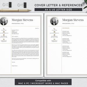 May include: A gray and white cover letter and references template with gold accents. The template includes a space for a photo, contact information, and a professional title. The references section includes space for the name, position, phone number, and email address of each reference.