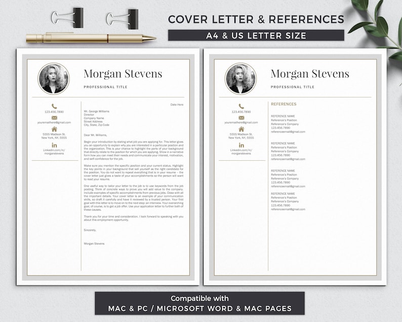 May include: A gray and white cover letter and references template with gold accents. The template includes a space for a photo, contact information, and a professional title. The references section includes space for the name, position, phone number, and email address of each reference.