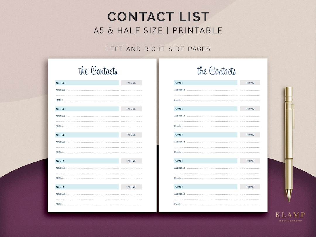 A5 Contact List Printable, Contact Sheet, Printable Contacts, Address ...