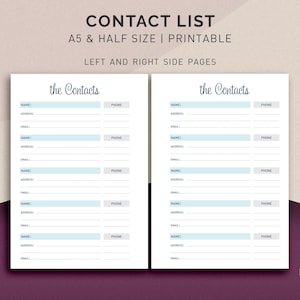 A5 Contact List Printable, Contact Sheet, Printable Contacts, Address Book Printable, A5 Planner Inserts, Printable Inserts