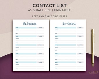 Lista de contactos A5 imprimible, hoja de contactos, contactos imprimibles, libreta de direcciones imprimible, inserciones del planificador A5, inserciones imprimibles