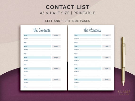 A5 Contact List Printable, Contact Sheet, Printable Contacts, Address Book Printable, A5 Planner Inserts, Printable Inserts