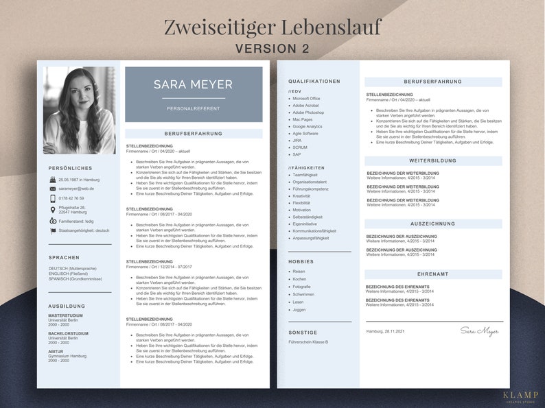 May include: A two-page CV template with a professional layout. The document includes a headshot, personal details, and sections for work experience, qualifications, and skills. The design uses a clean, modern font and a blue and white colour scheme.