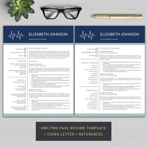 May include: A two-page resume template for registered nurses. The template features a blue and green color scheme with a heartbeat graphic at the top of each page. The resume includes sections for professional profile, education, experience, licenses and certifications, areas of expertise, and other skills. The template also includes a cover letter and references section.