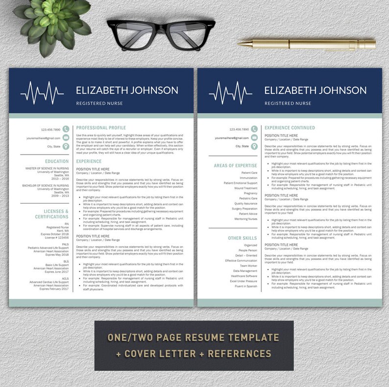 May include: A two-page resume template for registered nurses. The template features a blue and green color scheme with a heartbeat graphic at the top of each page. The resume includes sections for professional profile, education, experience, licenses and certifications, areas of expertise, and other skills. The template also includes a cover letter and references section.