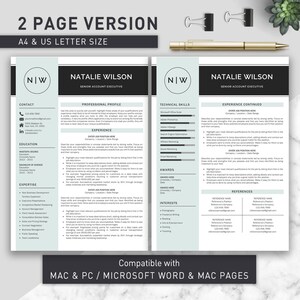 May include: A two-page resume template in a light blue and gray color scheme with the text "NIW" in a circle at the top of each page. The template includes sections for contact information, education, expertise, professional profile, experience, technical skills, awards, interests, and references. The text "Compatible with MAC & PC / MICROSOFT WORD & MAC PAGES" is at the bottom of the page.