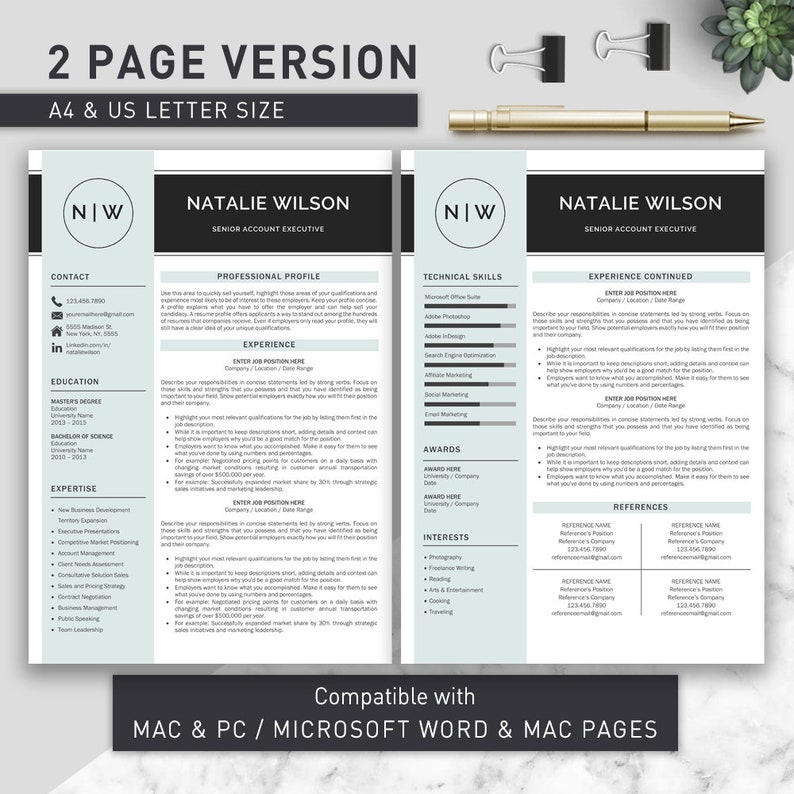 May include: A two-page resume template in a light blue and gray color scheme with the text "NIW" in a circle at the top of each page. The template includes sections for contact information, education, expertise, professional profile, experience, technical skills, awards, interests, and references. The text "Compatible with MAC & PC / MICROSOFT WORD & MAC PAGES" is at the bottom of the page.