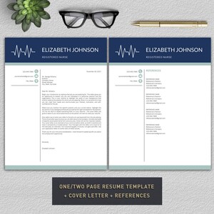 May include: A blue and white resume template with a medical symbol, the text "ELIZABETH JOHNSON REGISTERED NURSE", and the words "ONE/TWO PAGE RESUME TEMPLATE + COVER LETTER + REFERENCES".