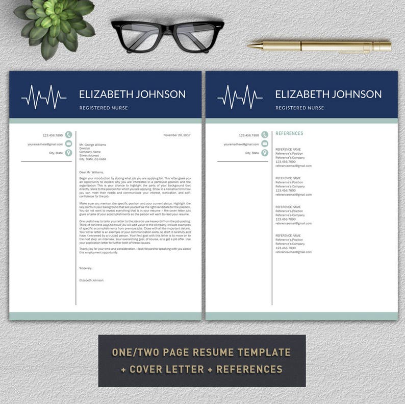 May include: A blue and white resume template with a medical symbol, the text "ELIZABETH JOHNSON REGISTERED NURSE", and the words "ONE/TWO PAGE RESUME TEMPLATE + COVER LETTER + REFERENCES".
