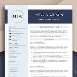 Può includere: Un modello di curriculum con uno schema di colori blu e bianco. Il modello include sezioni per informazioni di contatto, istruzione, competenze, esperienza e un profilo professionale. Il testo "MEGAN WILSON" è in alto nella pagina in un carattere blu scuro.