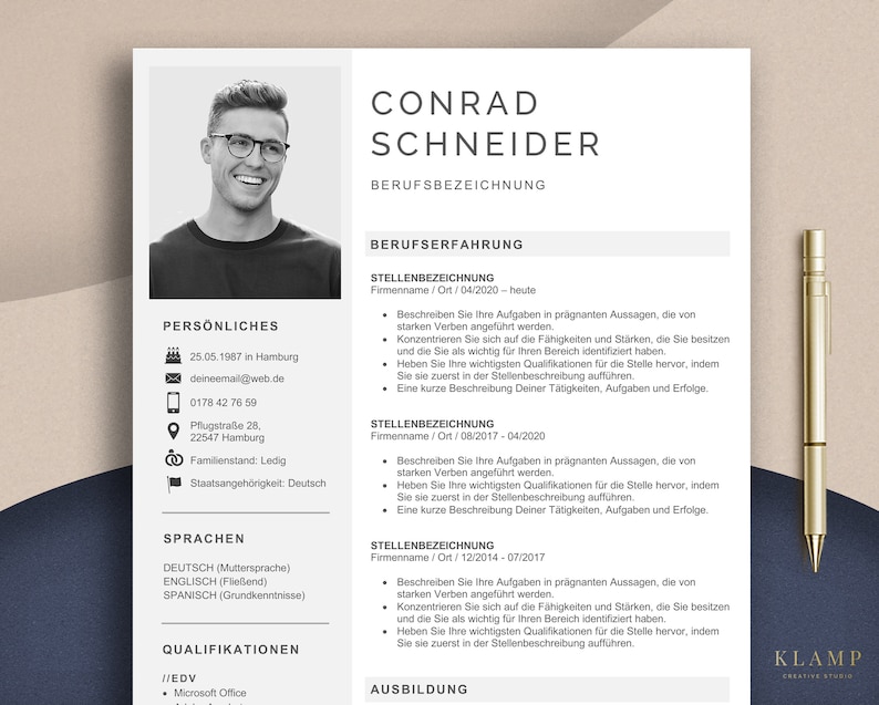 May include: A resume template with the name "CONRAD SCHNEIDER" at the top. The resume includes sections for personal information, languages, qualifications, and work experience. A photo of a man wearing glasses is on the left. A gold pen is on the right.