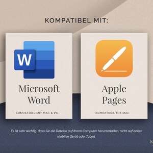 以下が含まれることがあります： Microsoft Word と Apple Pages でのドキュメントの互換性を示すグラフィック。Microsoft Word のアイコンは、白い正方形の中に青い「W」があります。Apple Pages のアイコンは、黄色の正方形に白いペンがあります。テキストには、「KOMPATIBEL MIT: Microsoft Word KOMPATIBEL MIT MAC & PC Apple Pages KOMPATIBEL MIT MAC Es ist sehr wichtig, dass Sie die Dateien auf Ihrem Computer herunterladen, nicht auf einem mobilen Ger&auml;t oder Tablet. KLAMP」と記載されています。