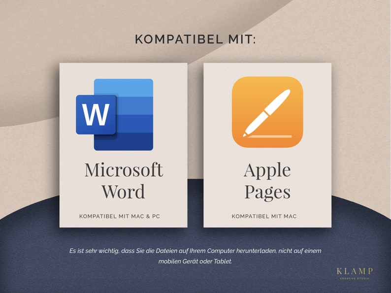 以下が含まれることがあります： Microsoft Word と Apple Pages でのドキュメントの互換性を示すグラフィック。Microsoft Word のアイコンは、白い正方形の中に青い「W」があります。Apple Pages のアイコンは、黄色の正方形に白いペンがあります。テキストには、「KOMPATIBEL MIT: Microsoft Word KOMPATIBEL MIT MAC & PC Apple Pages KOMPATIBEL MIT MAC Es ist sehr wichtig, dass Sie die Dateien auf Ihrem Computer herunterladen, nicht auf einem mobilen Ger&auml;t oder Tablet. KLAMP」と記載されています。