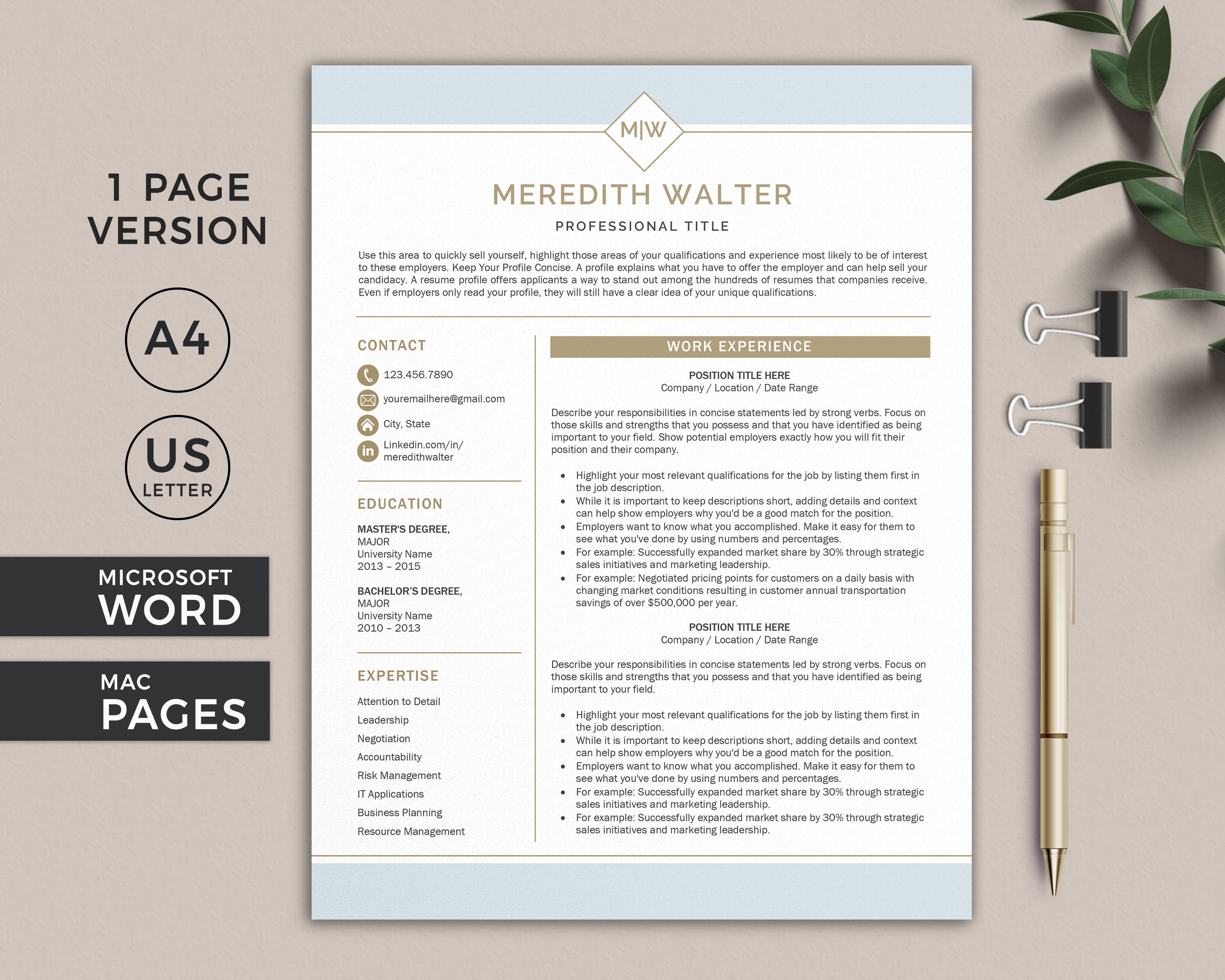 Creative Resume Template for Word & Mac Pages, 1 and 2 Page Modern ...