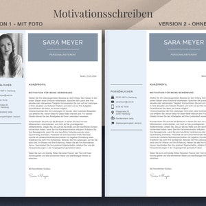 May include: Two CV templates are shown, one with a photo and one without. Both have a light blue header with the name "SARA MEYER" and the title "PERSONALREFERENT". The text "Motivationsschreiben" is at the top. The left template includes a black and white photo.