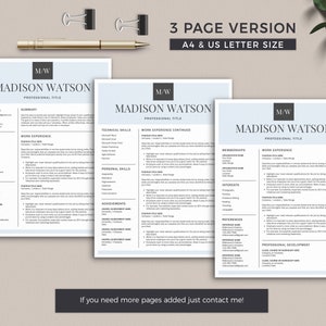 K&ouml;nnte beinhalten: Eine dreiseitige Lebenslaufvorlage in einem hellblauen Farbschema mit dem Text "MADISON WATSON" und "BERUFLICHE BEZEICHNUNG" oben auf jeder Seite. Die Vorlage enth&auml;lt Abschnitte f&uuml;r Berufserfahrung, Ausbildung, F&auml;higkeiten und mehr. Der Text "Wenn Sie weitere Seiten ben&ouml;tigen, kontaktieren Sie mich einfach!" befindet sich unten auf der Seite.
