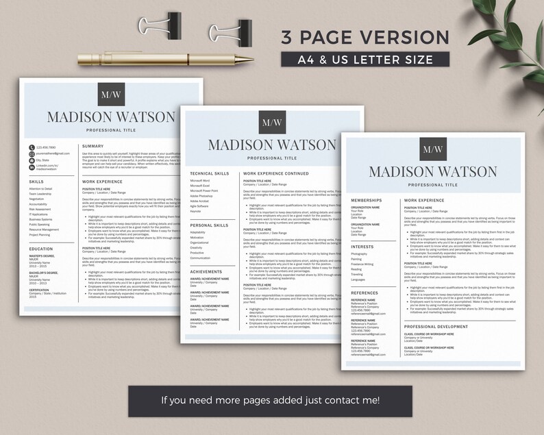 K&ouml;nnte beinhalten: Eine dreiseitige Lebenslaufvorlage in einem hellblauen Farbschema mit dem Text "MADISON WATSON" und "BERUFLICHE BEZEICHNUNG" oben auf jeder Seite. Die Vorlage enth&auml;lt Abschnitte f&uuml;r Berufserfahrung, Ausbildung, F&auml;higkeiten und mehr. Der Text "Wenn Sie weitere Seiten ben&ouml;tigen, kontaktieren Sie mich einfach!" befindet sich unten auf der Seite.