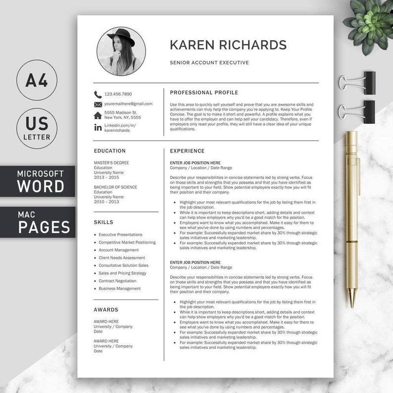 Resume Template For Word And Pages Professional Cv Etsy
