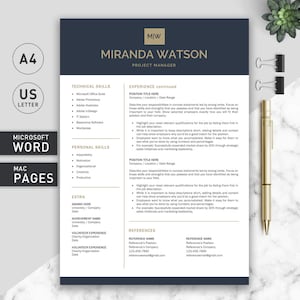 May include: A black and white resume template with the name Miranda Watson and the title Project Manager. The resume includes sections for technical skills, personal skills, experience, extra, volunteer experience, and references.
