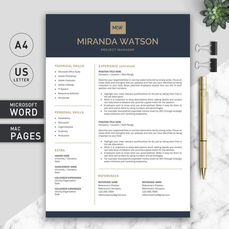 May include: A black and white resume template with the name Miranda Watson and the title Project Manager. The resume includes sections for technical skills, personal skills, experience, extra, volunteer experience, and references.