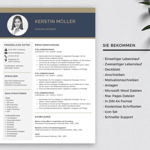 May include: A resume template with a blue and gold colour scheme. The resume is for a person named Kerstin M&ouml;ller, who is a Personalreferent. The resume includes personal information, work experience, education, and skills. The resume also includes a section titled "Sie Bekommen" which lists the services offered by the resume writer.