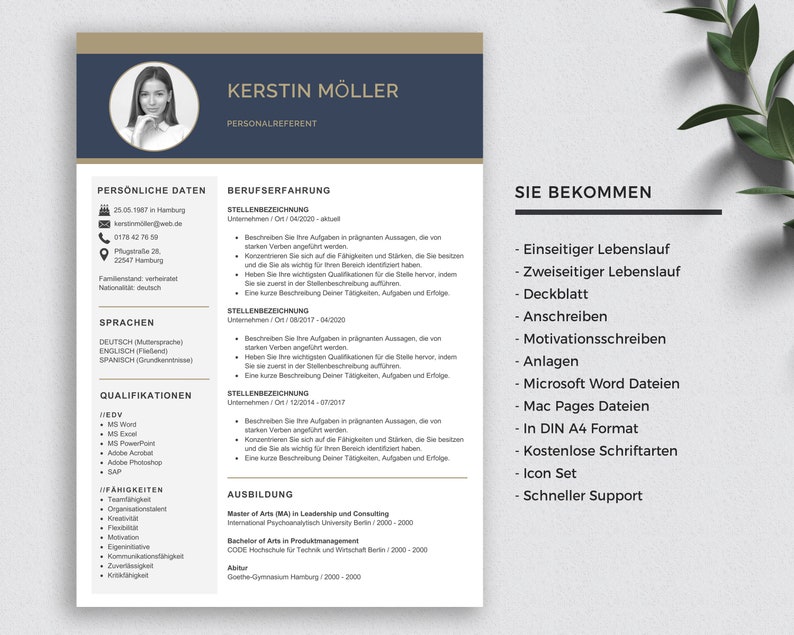 May include: A resume template with a blue and gold colour scheme. The resume is for a person named Kerstin M&ouml;ller, who is a Personalreferent. The resume includes personal information, work experience, education, and skills. The resume also includes a section titled "Sie Bekommen" which lists the services offered by the resume writer.