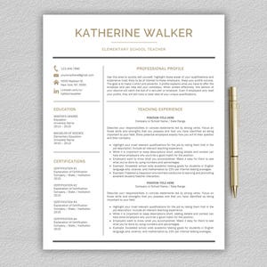Peut inclure: Un mod&egrave;le de CV pour un enseignant d'&eacute;cole primaire nomm&eacute; Katherine Walker. Le CV comprend des sections pour l'&eacute;ducation, les certifications, le profil professionnel et l'exp&eacute;rience d'enseignement.