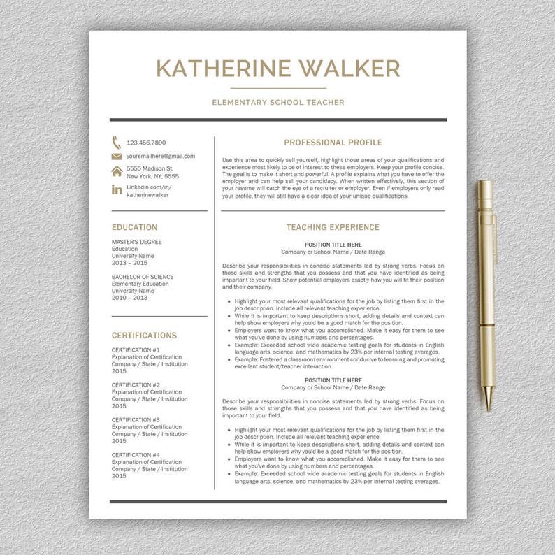 Peut inclure: Un mod&egrave;le de CV pour un enseignant d'&eacute;cole primaire nomm&eacute; Katherine Walker. Le CV comprend des sections pour l'&eacute;ducation, les certifications, le profil professionnel et l'exp&eacute;rience d'enseignement.