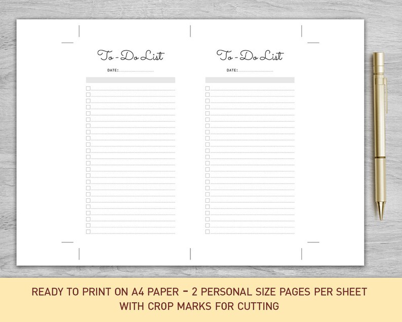 May include: Printable to-do list template with two personal size pages per sheet. The template has a simple design with the words "To-Do List" and "Date:" at the top of each page. The template is ready to print on A4 paper and has crop marks for cutting.