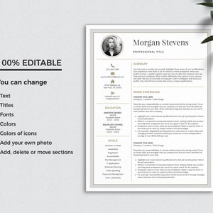May include: A modern resume template with a gold and white color scheme. The template includes sections for contact information, education, work experience, skills, and a summary. The template is 100% editable and can be customized to fit your needs.