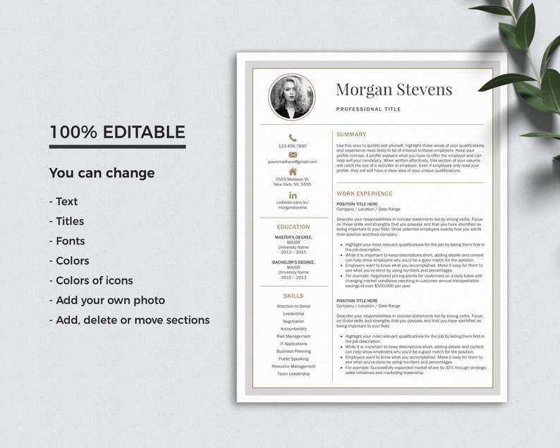 May include: A modern resume template with a gold and white color scheme. The template includes sections for contact information, education, work experience, skills, and a summary. The template is 100% editable and can be customized to fit your needs.