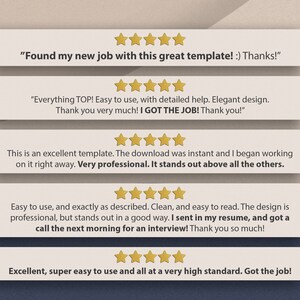 May include: Five customer testimonials with five-star ratings for a resume template. The testimonials highlight the ease of use, professional design, and positive results, including finding a new job.