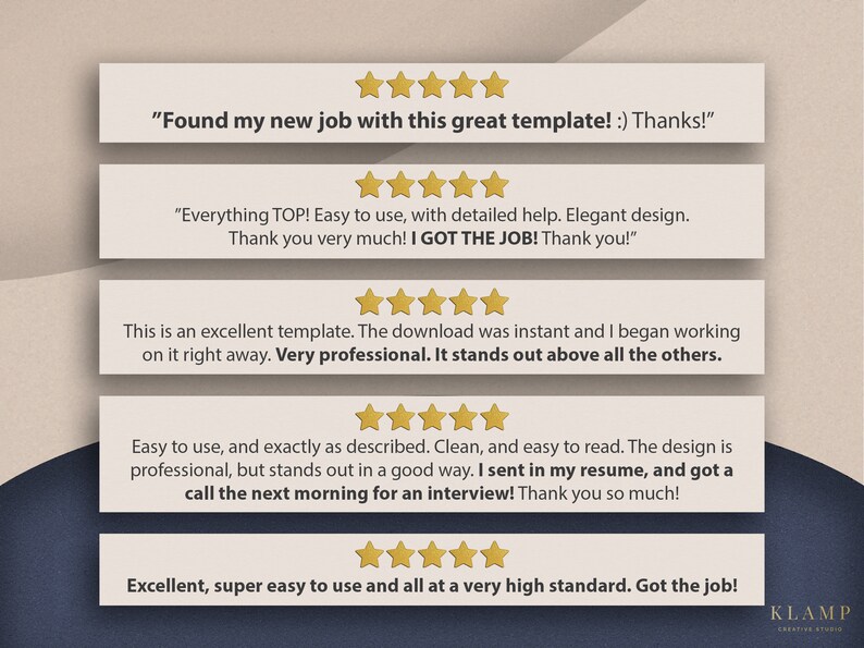 May include: Five customer testimonials with five-star ratings for a resume template. The testimonials highlight the ease of use, professional design, and positive results, including finding a new job.