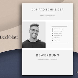 May include: A resume template with the name "Conrad Schneider" at the top, a black and white photo of a smiling person, and contact information. A gold pen rests on the right side. The word "Deckblatt" is on the left.