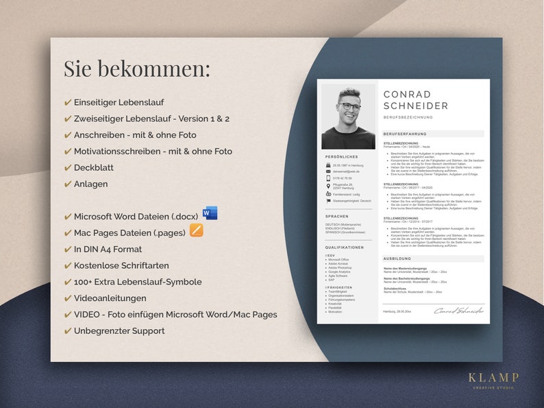 May include: A professional resume template with a headshot, personal details, and work experience sections. The design includes a navy blue and cream color scheme. Text includes "Sie bekommen:" and a list of included items, such as Microsoft Word and Mac Pages files.